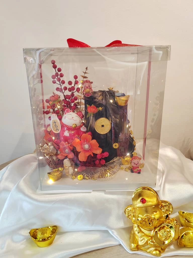 Square Box - Feng Shui Black Gold Charcoal & Prosperity Cat