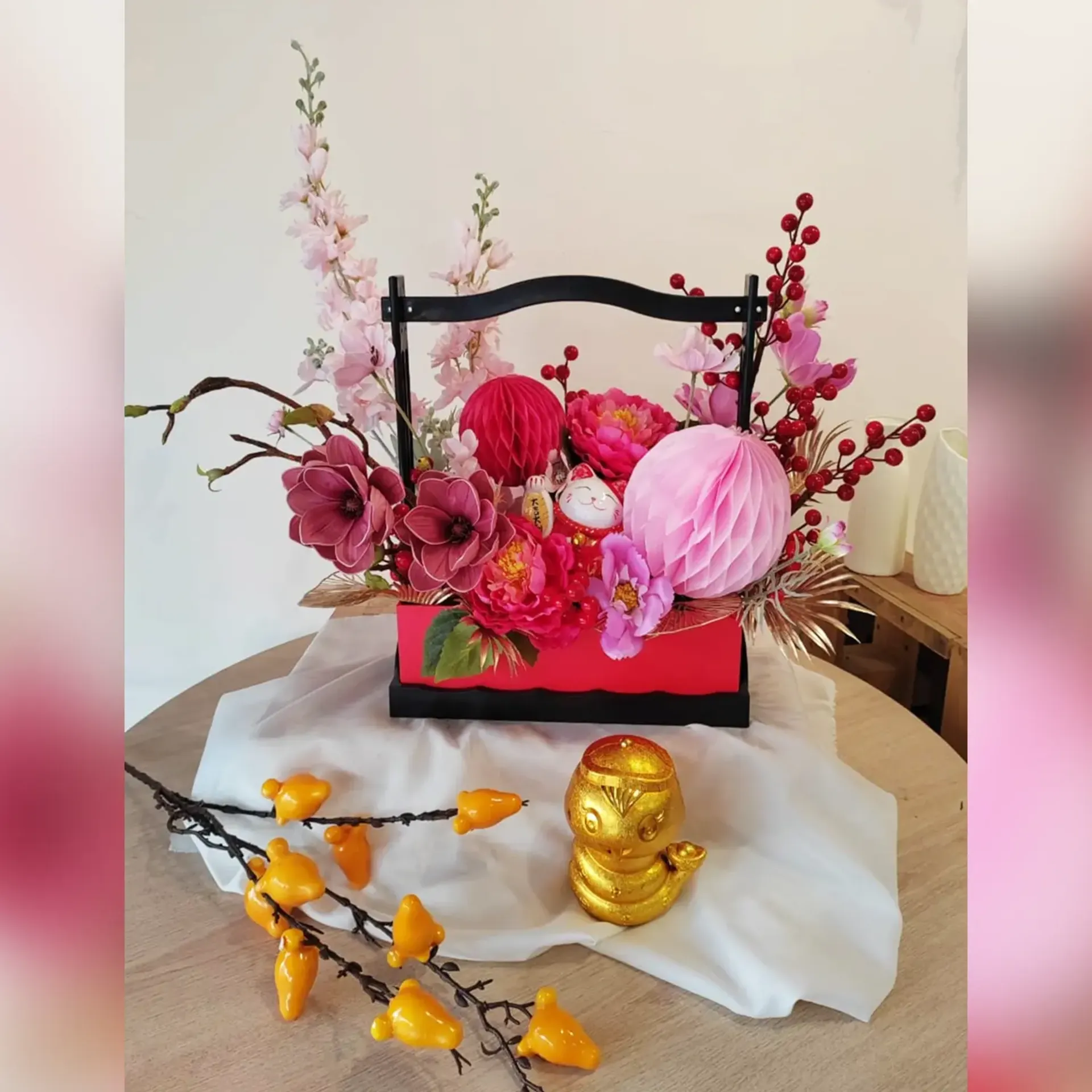 CNY Prosperity Cat Basket - Pink Theme